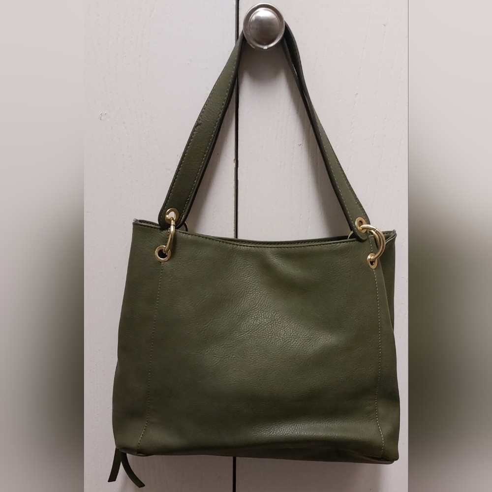 Max Studio Army Green Tote Satchel Gold Hardware and Studs Lots of Deep Pockets - Picture 3 of 12